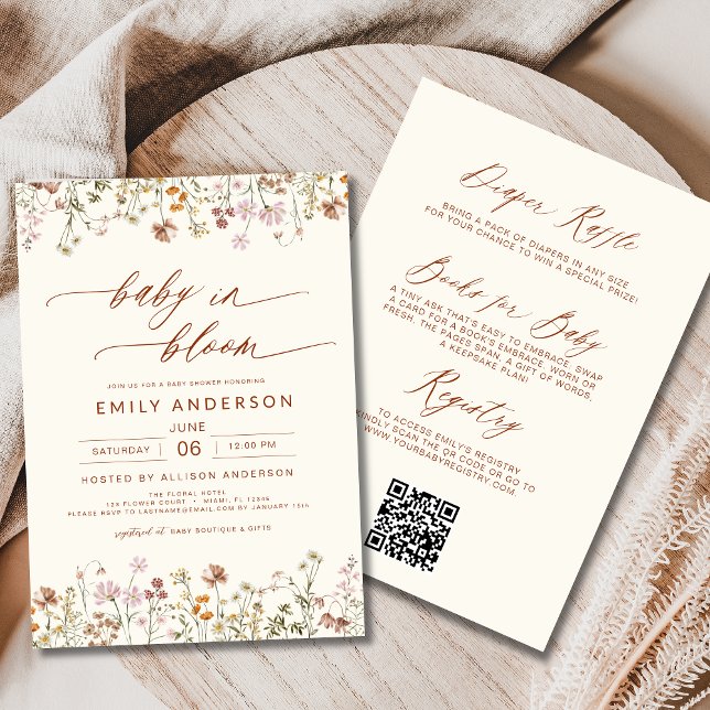 Boho Beige QR Code Wildflower Baby Shower Invitation (Creator Uploaded)