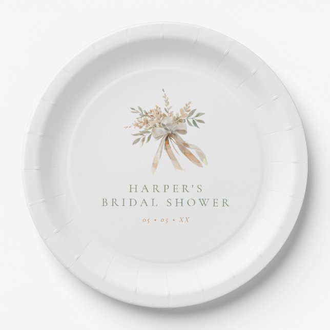 Boho Beige & Sage Flowers & Bow Bridal Shower Paper Plate (Front)