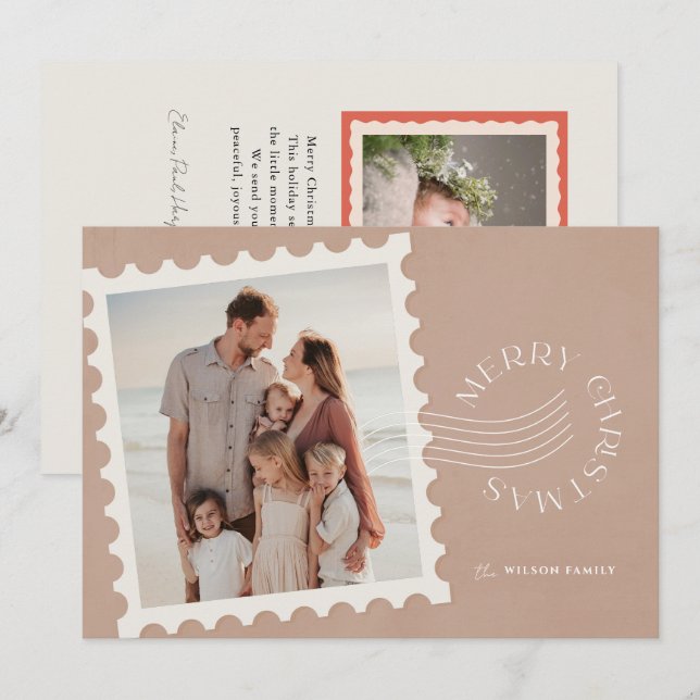 Boho Beige Stamp 2 Photo Christmas Holiday Card (Front/Back)