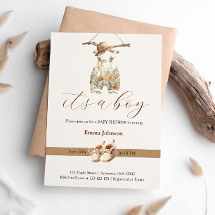 Boho Beige Tan Brown White Boy Baby Shower Invitation