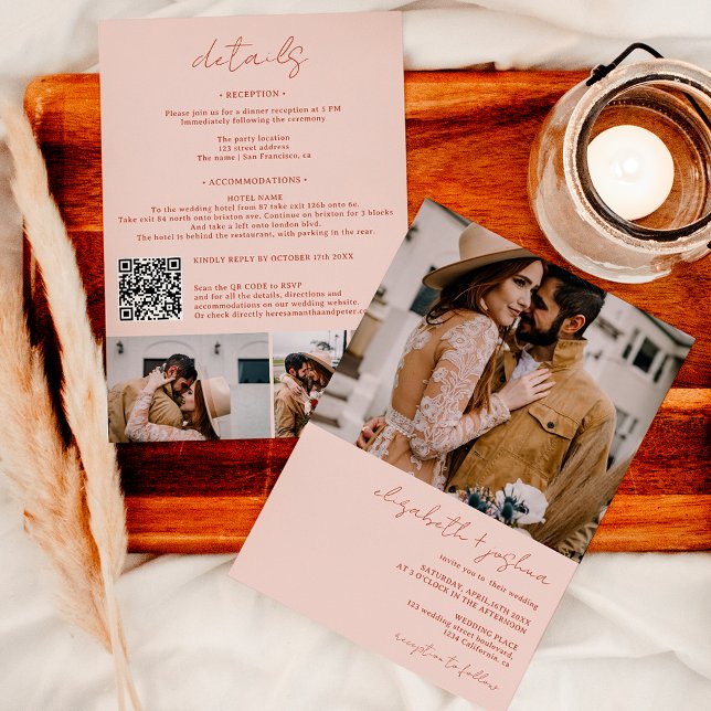 Boho beige terracotta 4 photo Qr all in 1 wedding Invitation (Modern black white 4 photo Qr all in one wedding Invitation on blush pink)