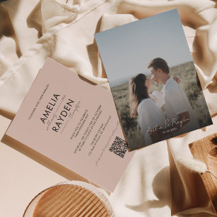 Boho Beige Typography Script Photo QR Code Wedding Invitation
