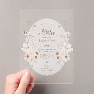 Boho Beige Watercolor Floral Garden Baby Shower Acrylic Invitations