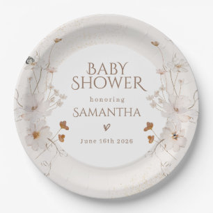 Boho Beige Watercolor Floral Garden Baby Shower Paper Plate