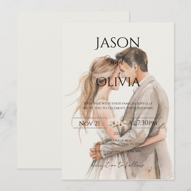 Boho beige with bride and groom wedding invitation (Front/Back)