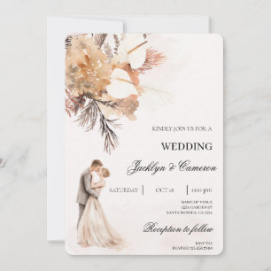 Boho beige with bride and groom wedding invitation