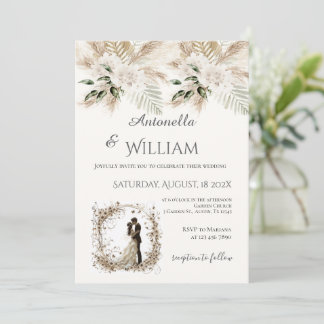 Boho beige with bride and groom wedding invitation