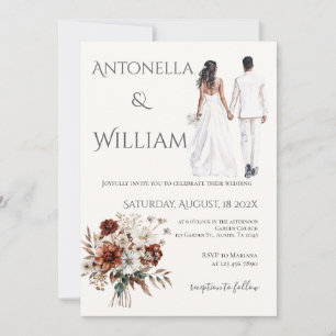 Boho beige with bride and groom wedding invitation