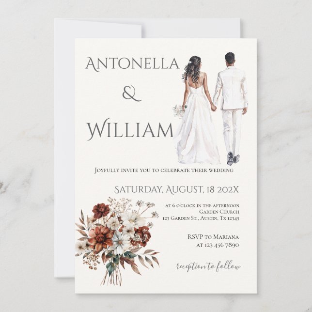 Boho beige with bride and groom wedding invitation (Front)