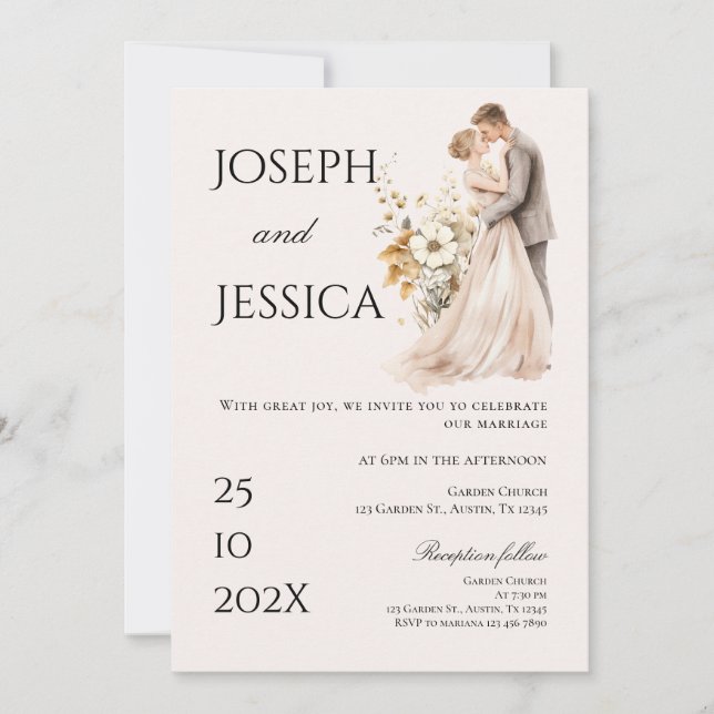 Boho beige with bride and groom wedding Invitation (Front)