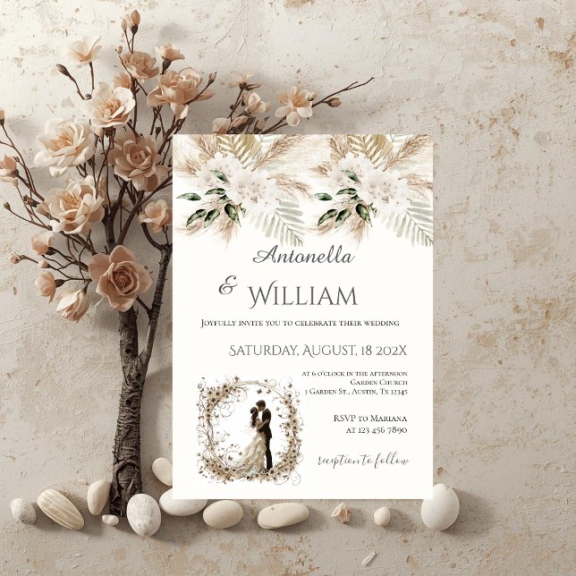 Boho beige with bride and groom wedding invitation (Creator Uploaded)