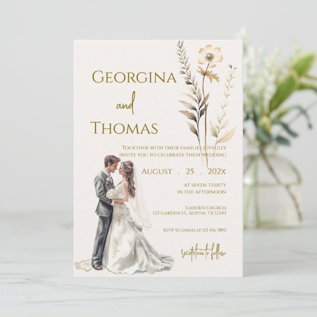 Boho beige with bride Wedding  Invitation (Standing Front)