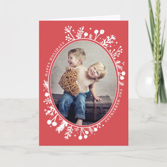 Boho Berries Oval Holiday Folded Photo Card Red (Front)