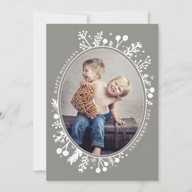 Boho Berries Oval Holiday Photo Card Taupe (Front)