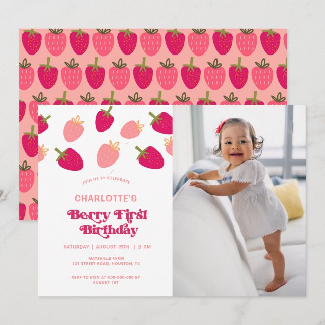 Boho Berry First Birthday Photo Invitation (Front/Back)