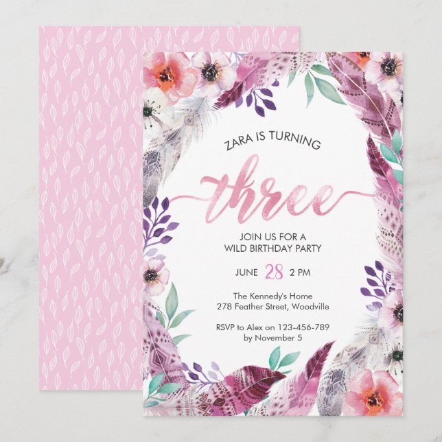 Boho Birthday party Invitation | 3rd birthday (Front/Back)