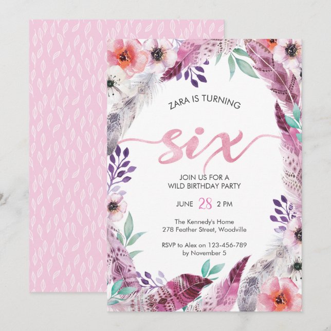 Boho Birthday party Invitation | 6th birthday (Front/Back)