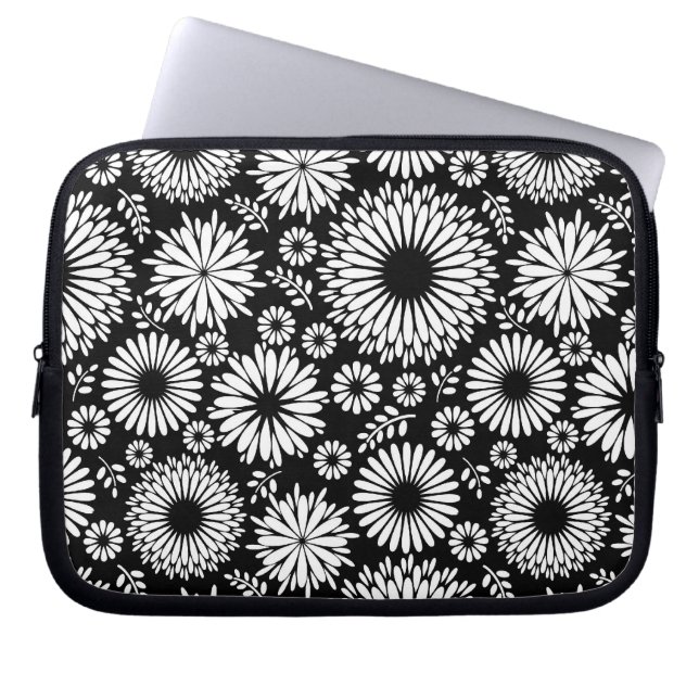 Boho Black and White Folk Flower Starburst Pattern Laptop Sleeve (Front)