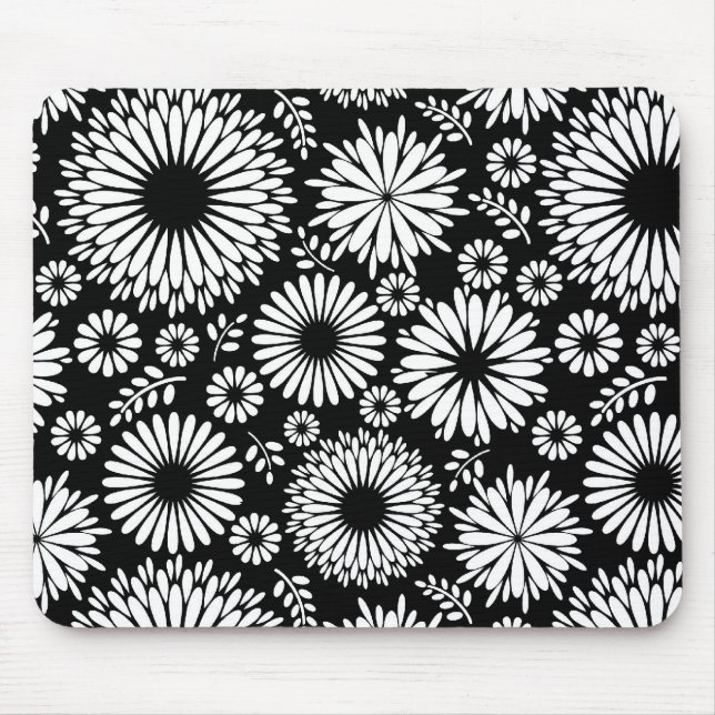 Boho Black and White Folk Flower Starburst Pattern Mouse Mat (Front)