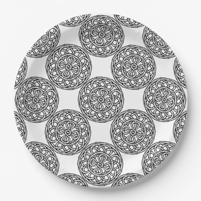 Boho black and white knots and ropes pattern paper plate (Front)
