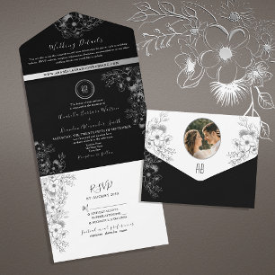 Boho Black and White Monogram Wedding All In One Invitation