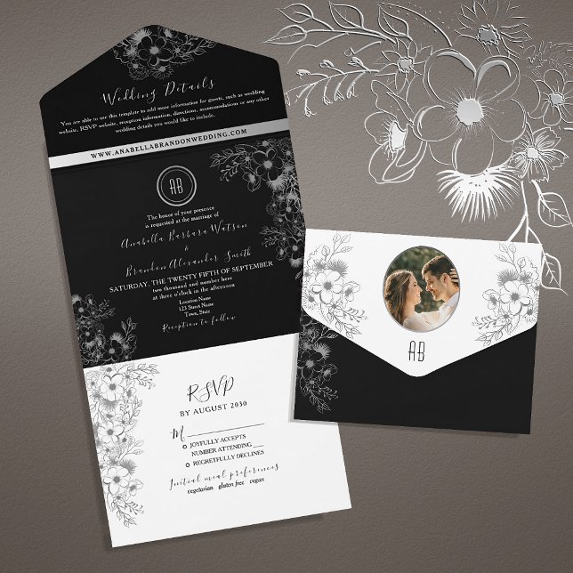 Boho Black and White Monogram Wedding All In One Invitation (Creator Uploaded)