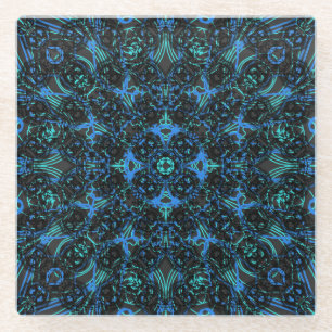 Boho Black & Blue Diamond Chains Layered Pattern Glass Coaster