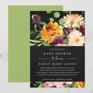 BOHO BLACK BLUSH YELLOW ORANGE FLORAL BABY SHOWER INVITATION