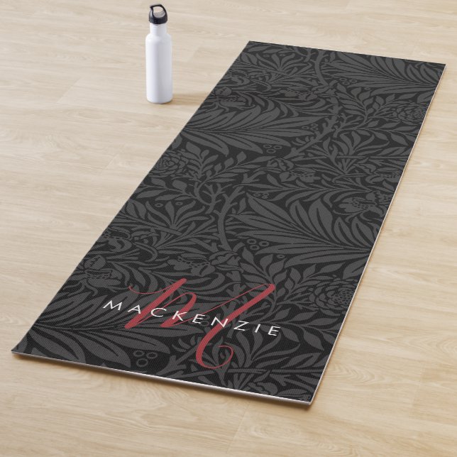 Boho Black Botanical Red Monogram Name Yoga Mat (In Situ)