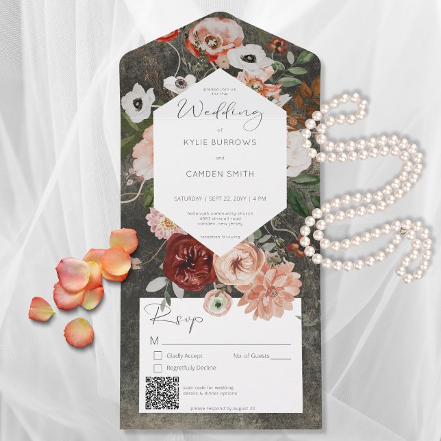 Boho Black Burgundy Fall Floral QR Code All In One Invitation (Creator Uploaded)