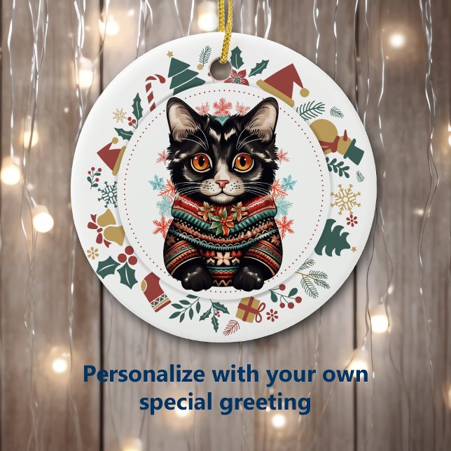 Boho Black Cat in Winter Sweater Christmas Ceramic Tree Decoration (Creator Uploaded)