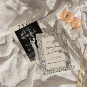 Boho Black Cream Floral Photo Botanical Wedding  Save The Date