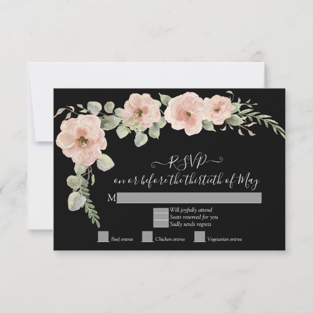 Boho Black Floral Blush Pink Rose RSVP Response (Front)