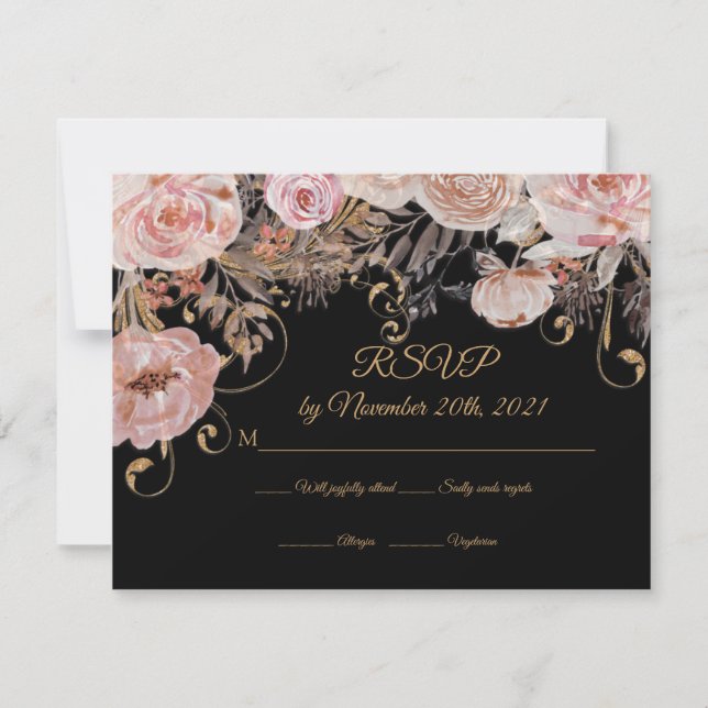 Boho Black Floral Pink Rose Gold RSVP Custom (Front)