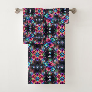 Boho Black Floral Rainbow Bath Towel Set