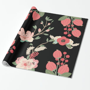 Boho Black Garden Party Floral Wrapping Paper