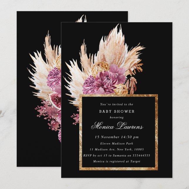 Boho Black, Gold Floral Bridal Shower Invitation (Front/Back)