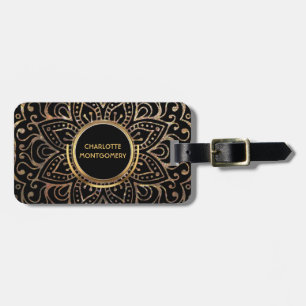 Boho Black Gold Foil Mandala Monogrammed Girly Luggage Tag