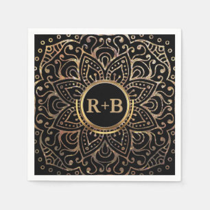 Boho Black Gold Foil Mandala Wedding Monogram Napkin