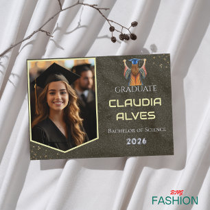 Boho Black & Gold Vintage With Photo Graduation  Announcement
