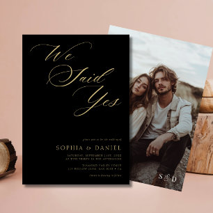 Boho Black & Gold We Said Yes Budget Wedding Photo Invitation
