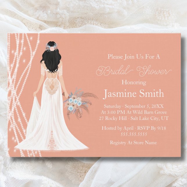 Boho Black Hair Bride With Pearls Bridal Shower Invitation (Creator Uploaded)