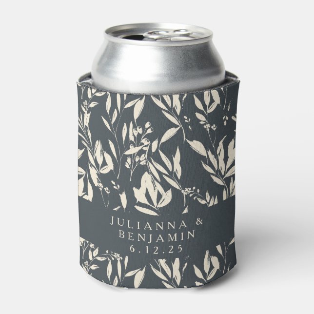 Boho Black Hand Drawn Floral Wedding Custom  Can Cooler (Can Front)