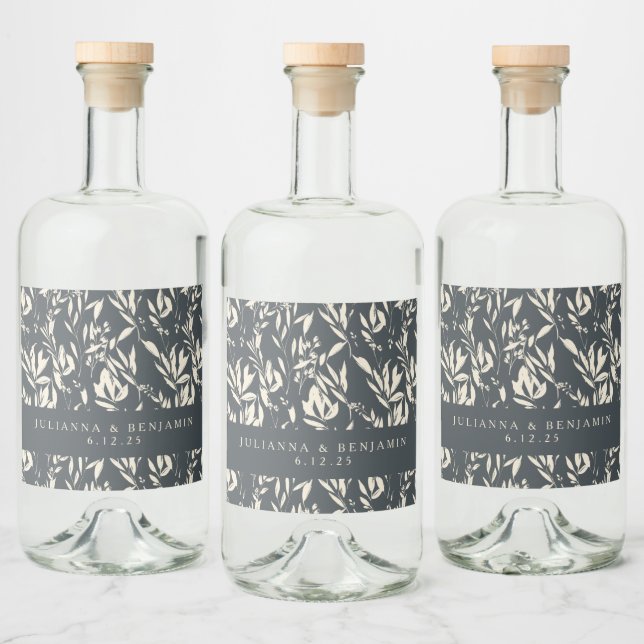 Boho Black Hand Drawn Floral Wedding Custom Liquor Bottle Label (Bottles)