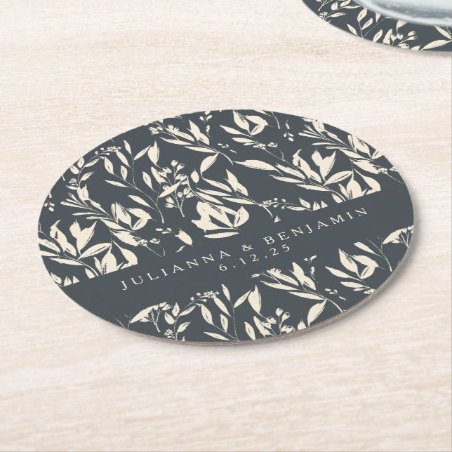 Boho Black Hand Drawn Floral Wedding Custom Round Paper Coaster (Angled)