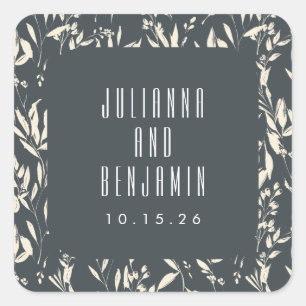 Boho Black Hand Drawn Floral Wedding Custom Square Sticker