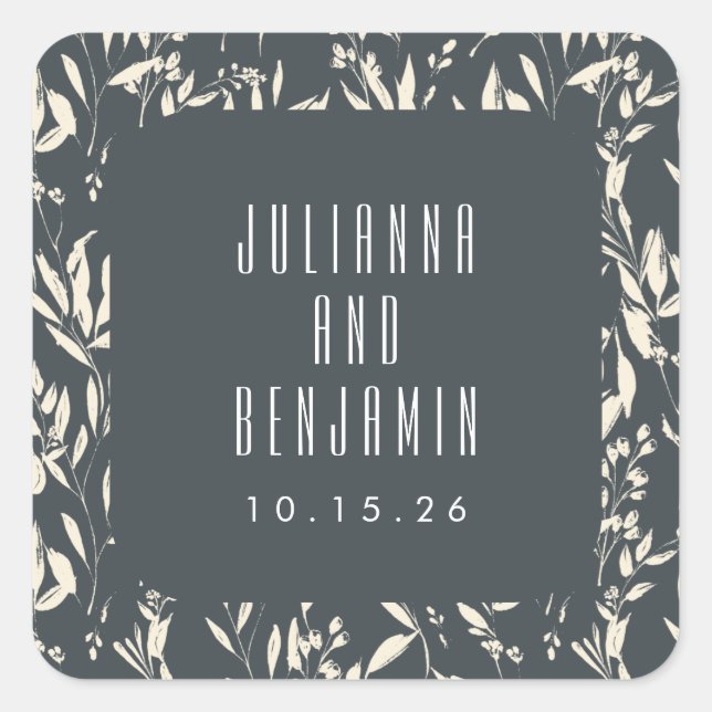 Boho Black Hand Drawn Floral Wedding Custom Square Sticker (Front)