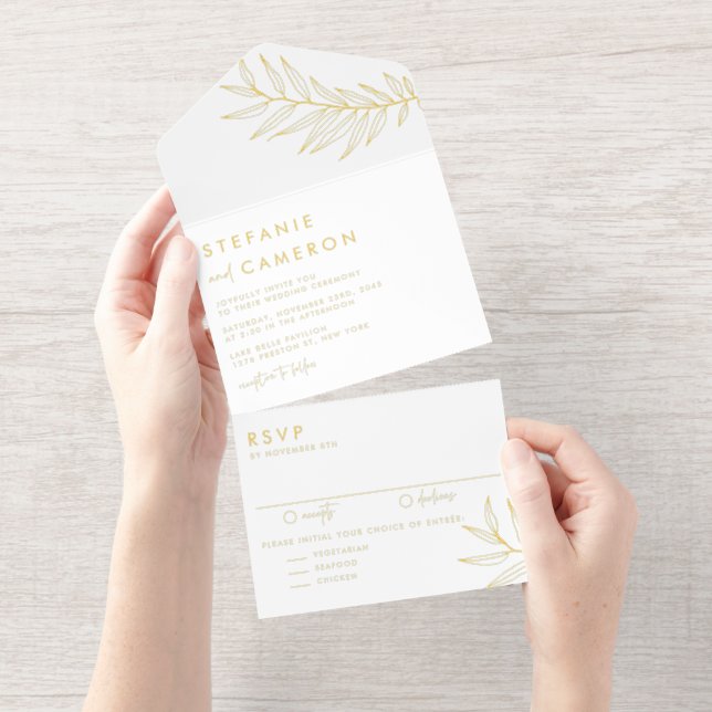 Boho Black Minimalist Foliage Wedding All In One Invitation (Tearaway)