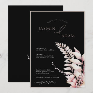 Boho Black Soft Pink Floral Wedding  Invitation