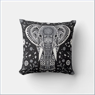 Boho Black & White Batik Elephant Cushion
